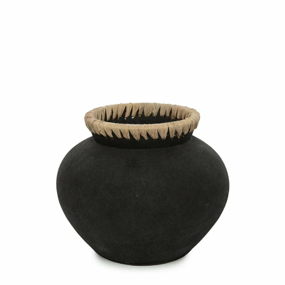 vase décoratif styly terre cuite noire et raphia naturel m