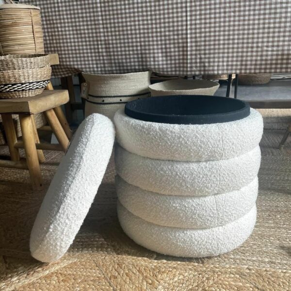 pouf coffre tissu bouclette ecru