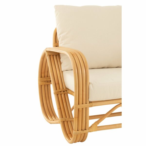 fauteuil en rotin + coussin tissu blanc lise naturel détail accoudoirs