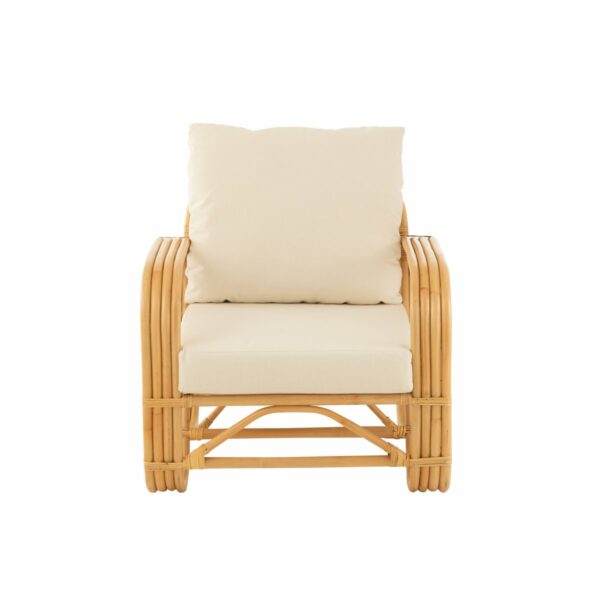 fauteuil en rotin + coussin tissu blanc lise naturel vue de face