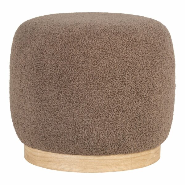 pouf belfort tissu bouclette marron et socle bois de pin