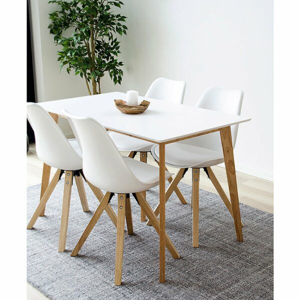 table à manger 120 cm vojens plateau blanc pieds bois