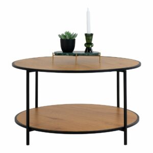 Table basse ronde noire 80 cm Vita metal et bois chêne