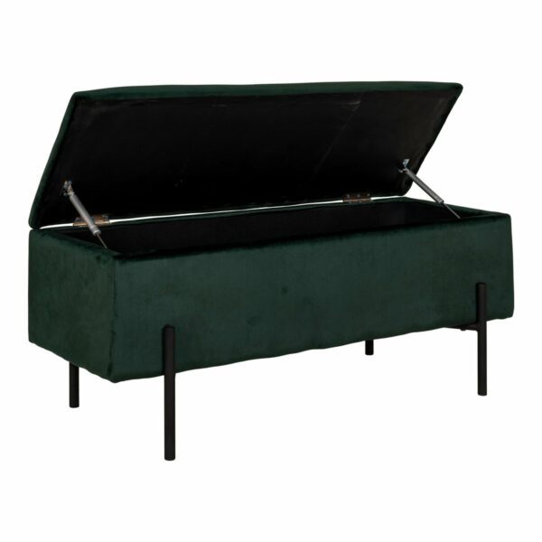 banc coffre watford pieds métal noir velours vert ouvert