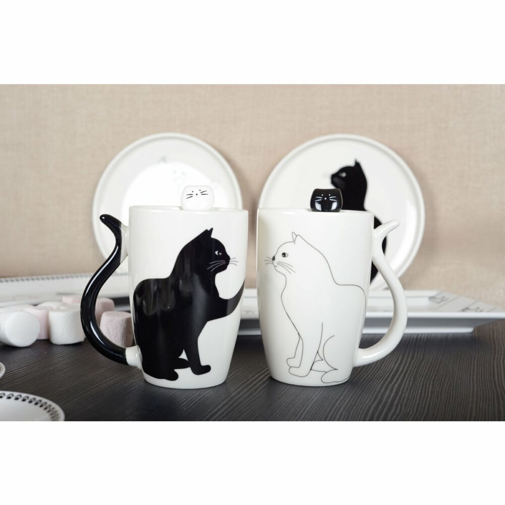 lot de 2 tasses chat noir et blanc avec anse en forme de queue décor