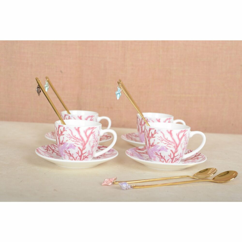 lot de 4 tasses à café et sous tasse corail décor