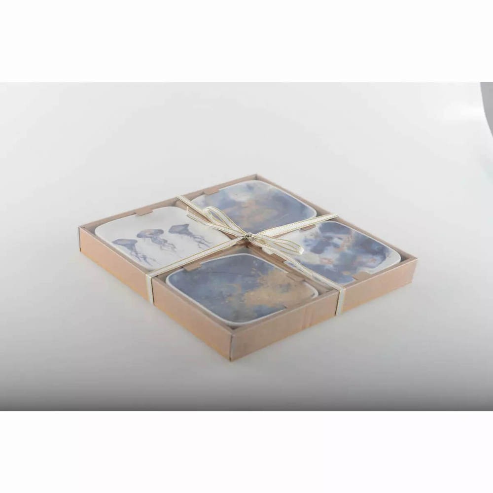 lot de 4 coupelles plates carrées en porcelaine motif méduse coffret